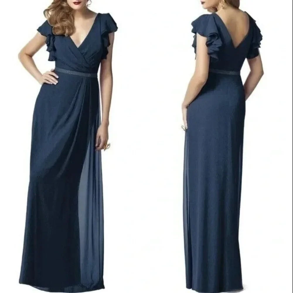 Dessy‎ Collection Midnight Gold Shimmer Flutter Sleeve Surplice V-Neck Gown Sz 4